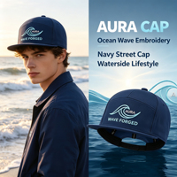 Casquette Snapback 7 Panneaux à Visière Plate, Motif Vague Océanique 3D en Relief, AURA WAVE FORGED, pour Surf en Extérieur, Réglable, Résistante à l'Eau, Séchage Rapide, Bleu Marine