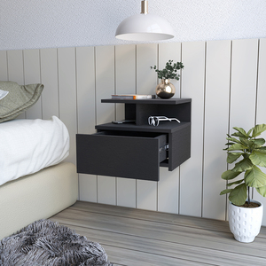 Table de chevet flottante à un tiroir, finition Wengue noir, rangement mural, meuble de chambre - Product Image 2