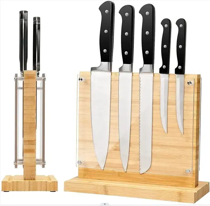 Double Side Bamboo Acrylic Kitchen Tool Magnetic Butcher Block Knife Rest Scissors Storage Display Stand Knife Holder Rack Set