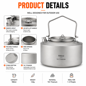 Bouilloire de camping en titane pur 980 ml, 145 g, ultralégère, portable, avec poignée pliable, pour le thé en extérieur, idéale pour le backpacking - Offre Spéciale - Product Image 6