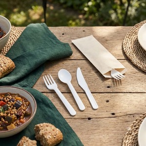 Ensemble de couverts en papier compostables, cuillère, fourchette, couteau en fibres végétales durables, vaisselle pour café, à emporter, buffet, hôtel, banquet - Product Image 1