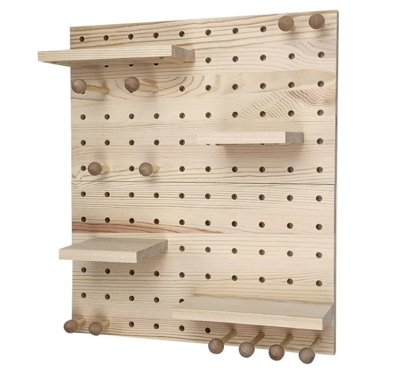 Customized Hanging Natural Wood Peg Board Wall Mounted Wooden Pegboard