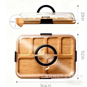 Bamboo divided <b>tray</b> with acrylic transparent lid, suitable for home use, parties, and <b>snacks</b>. - Product Image 3