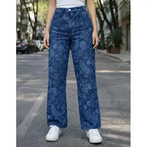 Jeans a gamba dritta con stampa floreale da donna Adrenaline, pantaloni in denim lavabili a vita alta per abbigliamento casual - Product Image 1