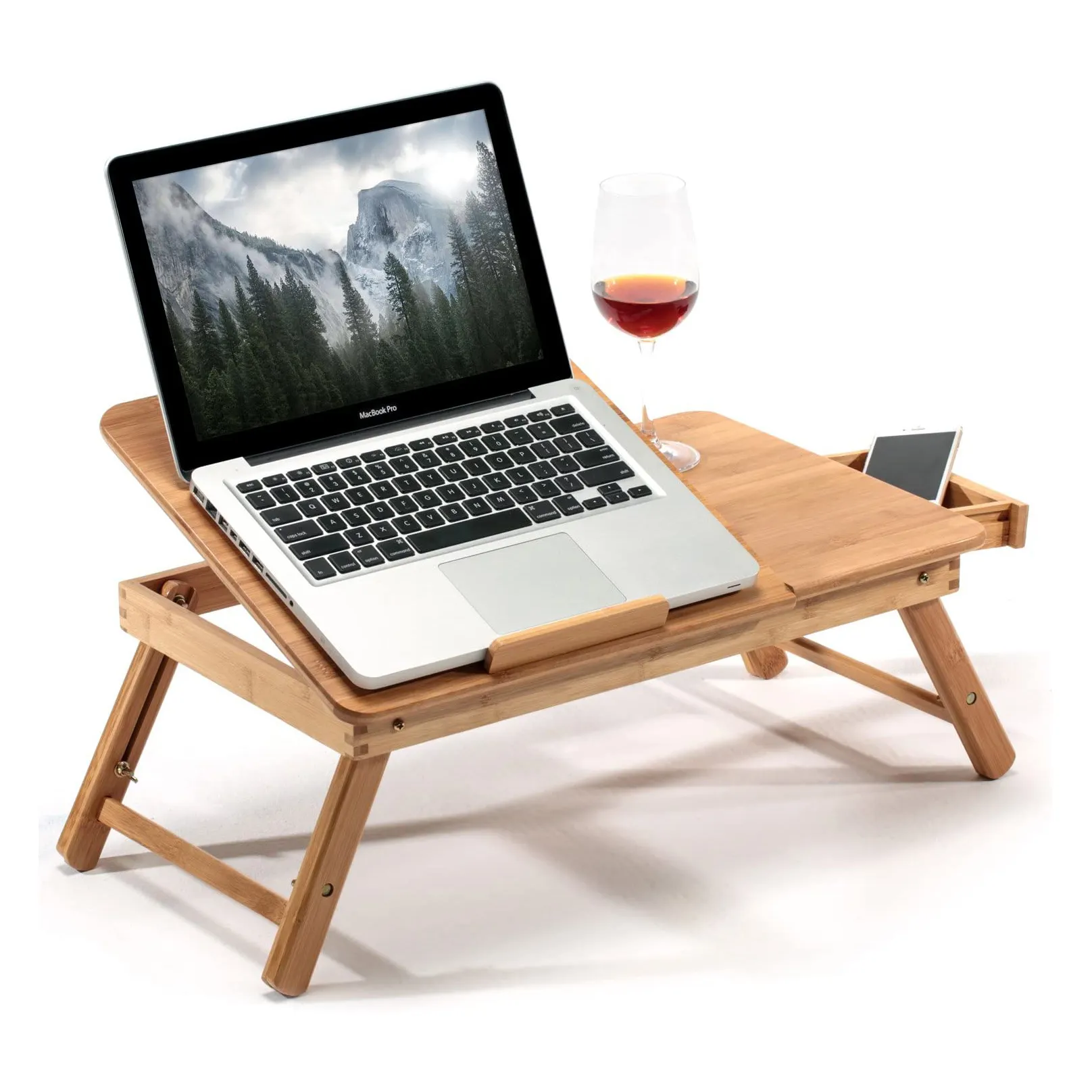 Rak Laptop Bambu Besar Dapat Dilipat, Dudukan Notebook Meja dengan Tinggi Kaki Dapat Disesuaikan Pemegang Cangkir Laci, Meja Tempat Tidur