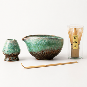 4 Piece Oval Emerald Reactive Glaze Porcelain Matcha Tea Set Japanese Design Ceramic Pouring Bowl Bamboo Whisk Scoop Stand Gift - Product Image 6