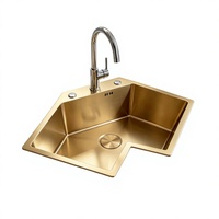 Évier de cuisine d'angle en or fait main de luxe, acier inoxydable SUS304, design en forme de L