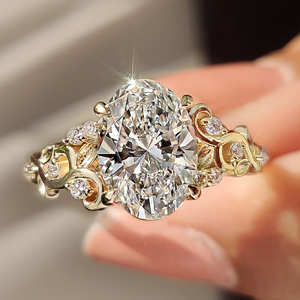 แหวนหมั้นทรงวงรีสุดหรู ดีไซน์ที่ได้รับแรงบันดาลใจจากธรรมชาติ ทองคำขาว 14K เพชรเพาะเลี้ยง สำหรับผู้หญิง เหมาะสำหรับงานแต่งงาน วันครบรอบ และเป็นเครื่องประดับเจ้าสาว - Product Image 1