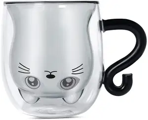 Bicchieri a doppia parete con manico tazze da tè in vetro borosilicato di gatto nero 250ml per bar