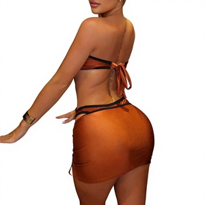 Ensemble bikini bandeau froncé pour femme, 2 pièces, orange uni, avec bas de maillot extensible à jupe et découpes, coupe classique - Product Image 3