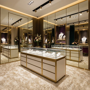 Modern <strong>Wall</strong> Mounted Jewelry <strong>Display</strong> <strong>Cabinet</strong> White and Gold Showcase with LED Light for Retail Shop - Product Image 2