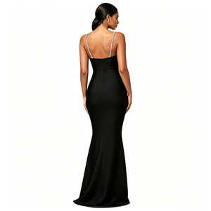Abito da sera lungo nero elegante a sirena con spalline sottili e scollo a cuore, antistatico, con reggiseno integrato, per donna - Product Image 2