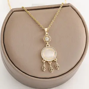 Fashion Cute Real Gold Electroplated Titanium Steel Necklace Opal Dream Catching Net Pendant Chain Necklace