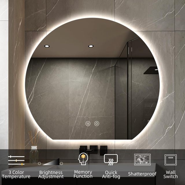 Modern Half Moon Round Irregular LED Wall Mirror with Anti-Fog Semi Circle Frameless Vanity Mirror For Bathroom Bedroom Decor