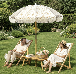 Set <span class=keywords><strong>da</strong></span> Picnic Resistente alle Intemperie con Sedia a <span class=keywords><strong>Sdraio</strong></span> in Legno di Faggio e <span class=keywords><strong>Ombrellone</strong></span> con Nappe Vintage, Direttamente dalla Fabbrica, per Patio e Spiaggia - Product Image 4