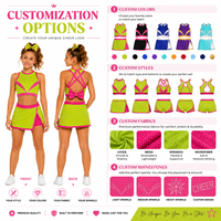 Set Bra Cheer Bra Custom, Atasan dan Rok Cheerleading, Neon Lime Green, Hot Pink, Rhinestone, Panel V, X Back, Pita, Set Latihan Cheer