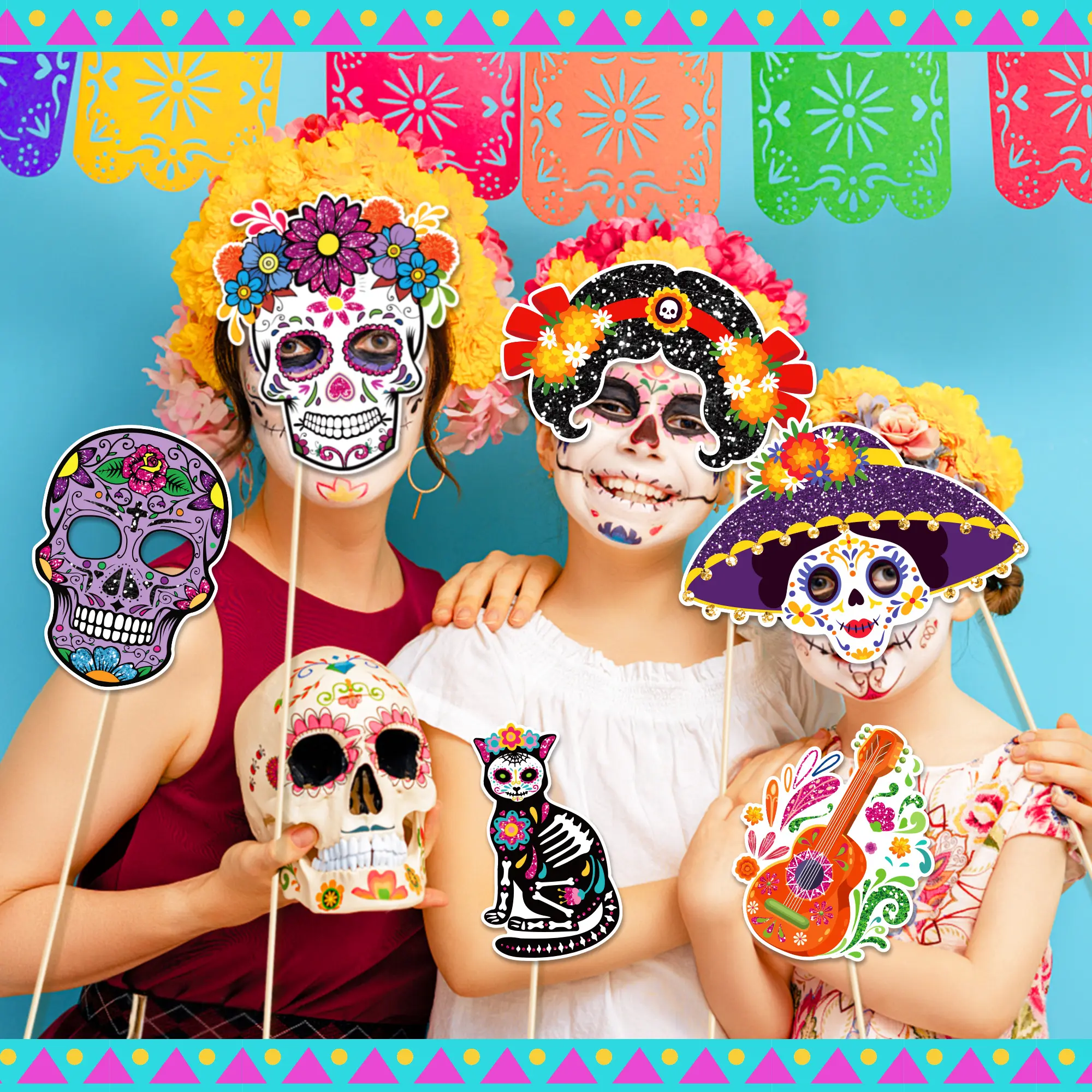 Huancai 30PCS Day of The Dead Photo Booth Props with Sticks Dia De Los Muertos Party Selfie Props Kit for Mexican Party Supplies