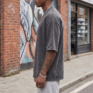 Kaos Hitam Pria Streetwear Kasual Oversized Distressed Acid Washed Custom Logo Digital Print <span class=keywords><strong>Vintage</strong></span> Unisex - Product Image 3