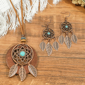 Conjunto de collar y aretes Bohemian Dreamcatcher, aleación de cobre, chapado en bronce antiguo, diseño de plumas, conjunto de joyería para mujer - Product Image 4