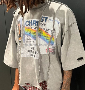Cotton Distressed Hole Streetwear Screen Print T-shirt Fabric Splicing Irregular <b>Boxed</b> Cut and <b>Sew</b> Boxy Graphic t Shirt for Men - Product Image 2