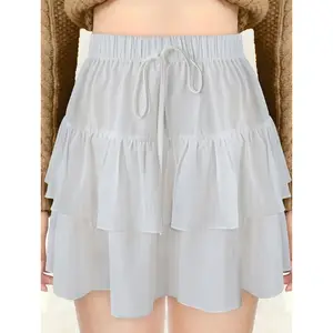 Solid High Waist Mini Skirt Cute Tiered Ruffle Hem Sweet Pure Color Cake Double Pendulum Short White Skirt for women girls