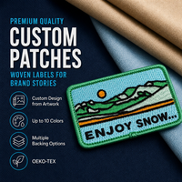 Écusson et badge tissés écologiques avec logo personnalisé, étiquette de vêtement en tissu haute densité avec taille et couleur personnalisables