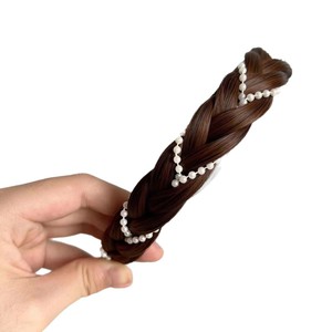 Diadema con peluca trenzada estilo espina de pescado y lazo de pelo con perlas para mujer, estilo lindo, material de alambre resistente a altas temperaturas - Product Image 5