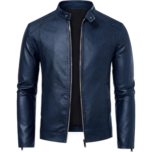Veste en cuir de vache véritable pour homme, col montant, veste en cuir bleu marine personnalisée, veste en cuir décontractée à fermeture éclair, veste de moto en cuir - Product Image 1