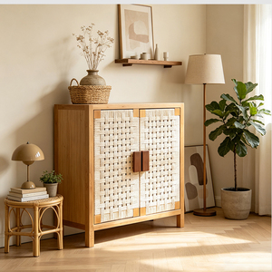 Buffet d'entrée Japandi en bois <span class=keywords><strong>de</strong></span> frêne à 2 portes avec panneaux tressés, meuble <span class=keywords><strong>de</strong></span> rangement côtier australien, organisateur pour l'Australie - Product Image 1