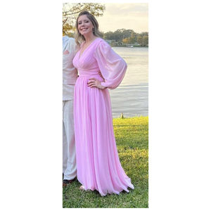 فساتين إشبينة العروس بأكمام طويلة برقبة حرف V طويلة بفتحة مطوي من الشيفون على شكل حرف A-line فساتين حفلات رسمية بجيوب YO090 - Product Image 5