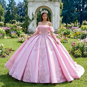 Vestido de Quinceañera Lsmc139, Exquisito Vestido de Gala Rosa, Satinado, con Hombros Descubiertos, Flores y Apliques de Cuentas, Jancember - Product Image 1