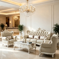 Ensemble de canapés en cuir et bois massif sculpté de style classique européen, mobilier de salon de luxe de style français, vente en gros pour villas et hôtels OEM ODM