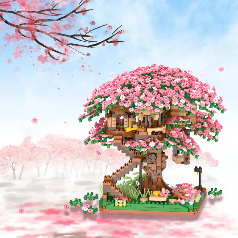 Children Toy Mini Sakura Tree House Build Block City Street View Cherry Blossom Model Building Blocks DIY Toys