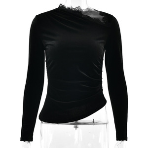 Top de manga larga de terciopelo con ribete de encaje y escote asimétrico para mujer, tops de punto de color liso, ajuste ceñido para actuaciones en escenario - Product Image 5