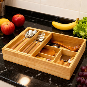 Organizador de Cajones de Bambú de Dos Niveles, Bandeja para Cubiertos Desmontable, Almacenamiento de Utensilios de Cocina, Organizador Rectangular para Vajilla - Product Image 1