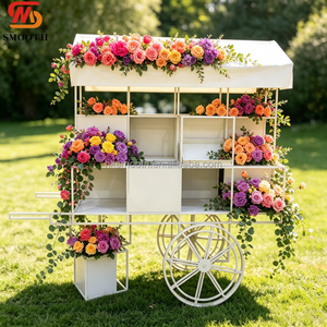 Chariot à fleurs vintage en métal blanc lisse avec roues et auvent, dernier modèle, chariot de rangement multi-compartiments pour bonbons de mariage en extérieur - Product Image 1