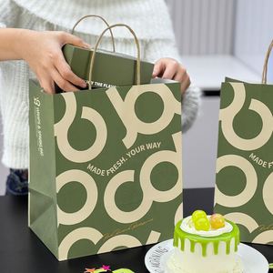 Custom Eco-Friendly Disposable Biodegradable Kraft <b>Paper</b> Bags with Handles for Dessert Cake Croissant Bread Toast Takeaway - Product Image 1