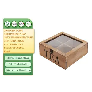 Factory wholesale custom wooden box for tea gift set brown with cover and four partitions