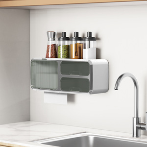 Wall Mounted Kitchen Storage Rack Rectangle Condiment Organizer With Tissue Holder For Cabinet Use - Product Image 1