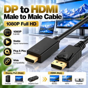 Cable <span class=keywords><strong>DP</strong></span> a <span class=keywords><strong>HDMI</strong></span> 1080P, Cable Convertidor de Video DISPLAY PORT Macho a <span class=keywords><strong>HDMI</strong></span> Macho para PC de Escritorio, Laptop, Monitor, HDTV, Proyector, 1M 2M 3M - Product Image 1