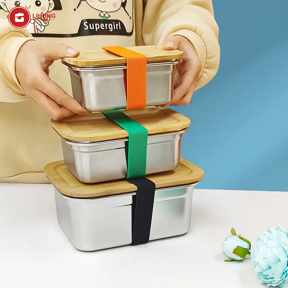 LIHONG Bamboo Stainless Steel Hot Cookie Storage Box Vacuum White Lunch-box Bento Container Lunch Food Containers