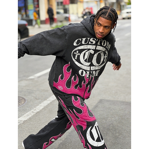 Applique Embroidery OEM Custom Acid Washed Distressed Boxy Fit 400 GSM Zipper-up Oversized Men's Hoodie Two-piece Set - Product Image 2