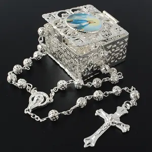 6mm Silver Metal Beads Chain Rosary Necklace with Silver Filigree Box