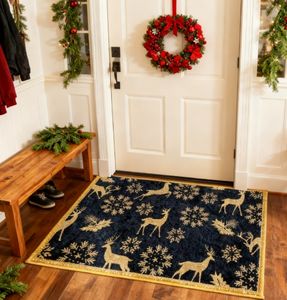 Tapis antidérapant en peluche bleu marine Longstar X Mas Decora avec imprimé renne doré et neige, parfait pour l'entrée, ornement de Noël - Product Image 5