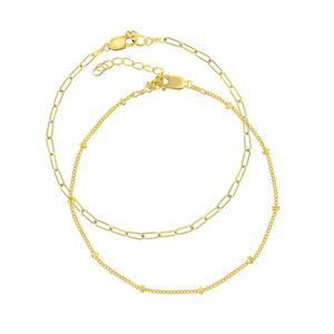 Gemnel classic solid 925 sterling silver 18k gold paperclip satellite chain bracelet set