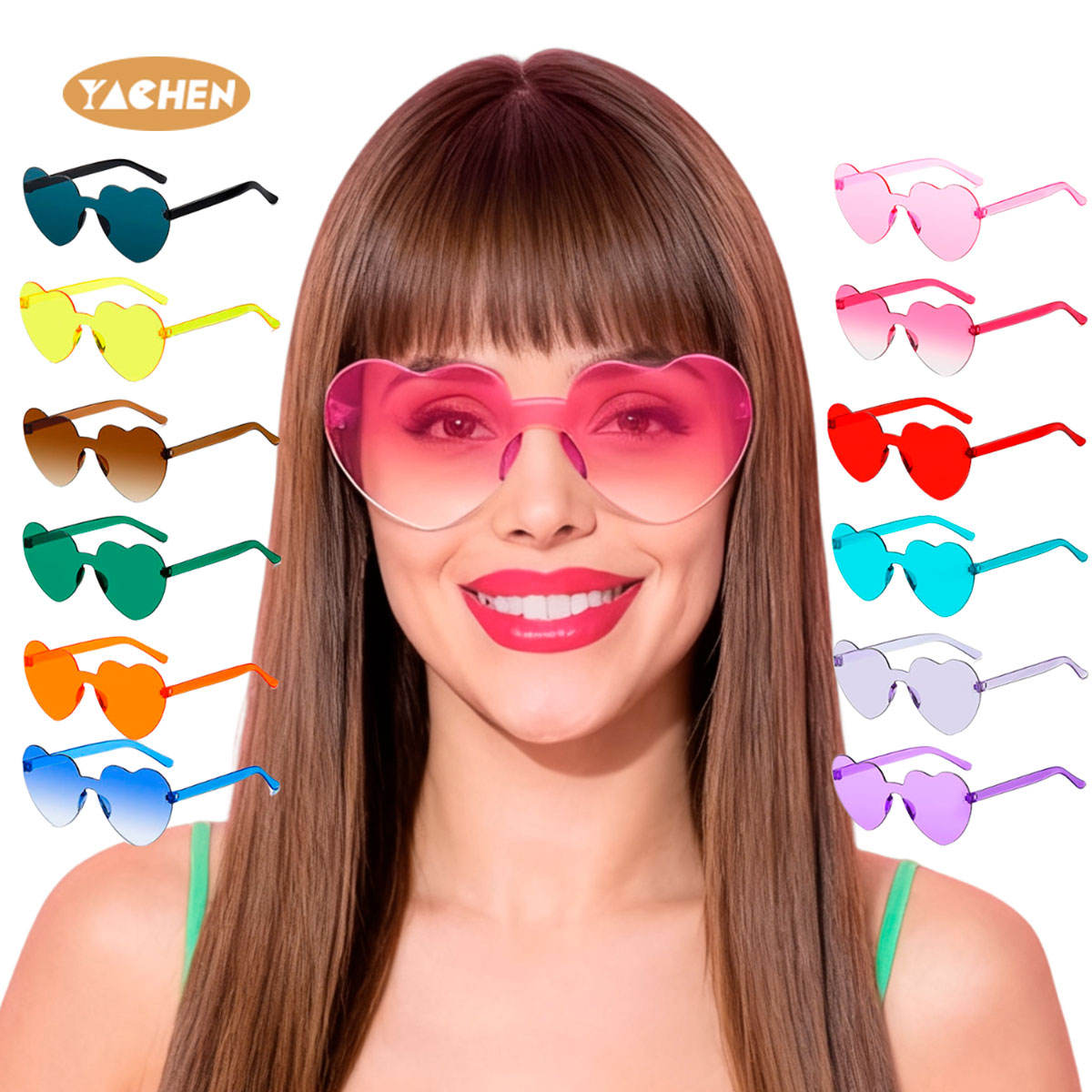 YACHEN Wholesale Fashion Heart Shape Rimless Sunglasses Candy Color Frameless Party Glasses for Women Girls Party Favor