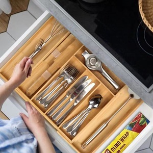 Organizador de cajones de bambú con compartimentos ajustables, bandeja de almacenamiento para cocina, para cubiertos y utensilios - Product Image 2