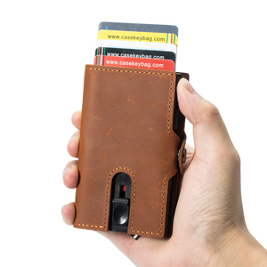 <b>Mens</b> Crazy Horse Leather <b>RFID</b> Slim Minimalist Pop up Smart <b>Wallet</b> Card Holder Protector case Automatic Sliding Aluminum <b>Wallet</b> - Product Image 2