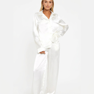 Robe longue en satin pour femme, manches longues, col rabattu, fermeture boutonnée, couleur unie blanche, élégante, vêtements de nuit, printemps - Product Image 1
