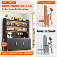 Meuble de cuisine moderne en métal avec porte basculante, étagères à vaisselle mobiles en acier résistant aux rayures, range-assiettes, butées et roulettes